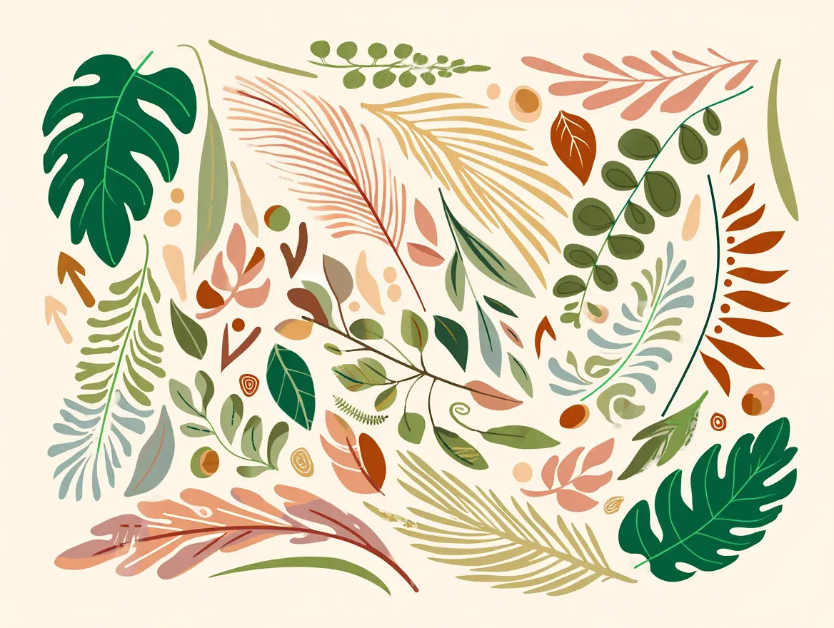 Abstracte illustratie van bewuste voedselkeuzes met natuurlijke vormen en bladeren